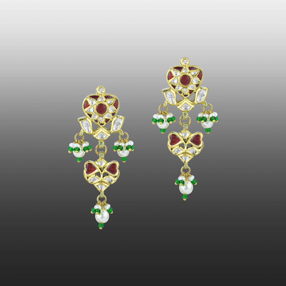 Polki Earrings with Ruby Colour Stone, Pearl Drops, and Emerald Beads